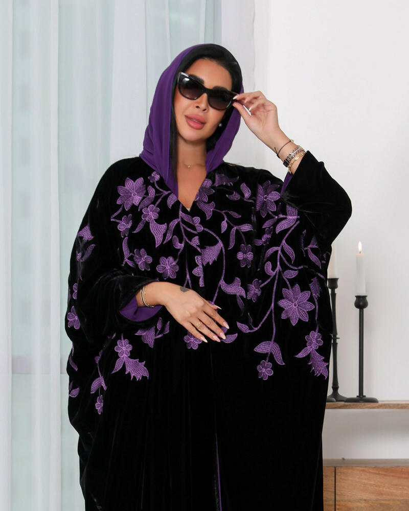 Black velvet abaya with purple embroidery -free size