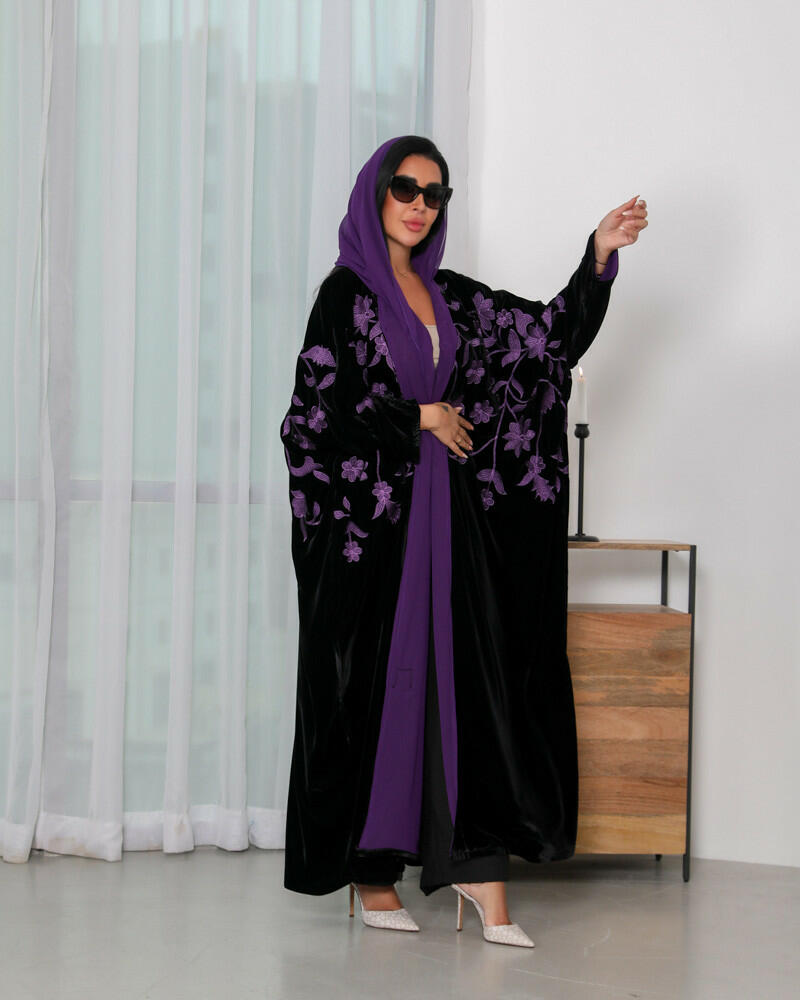 Black velvet abaya with purple embroidery -free size
