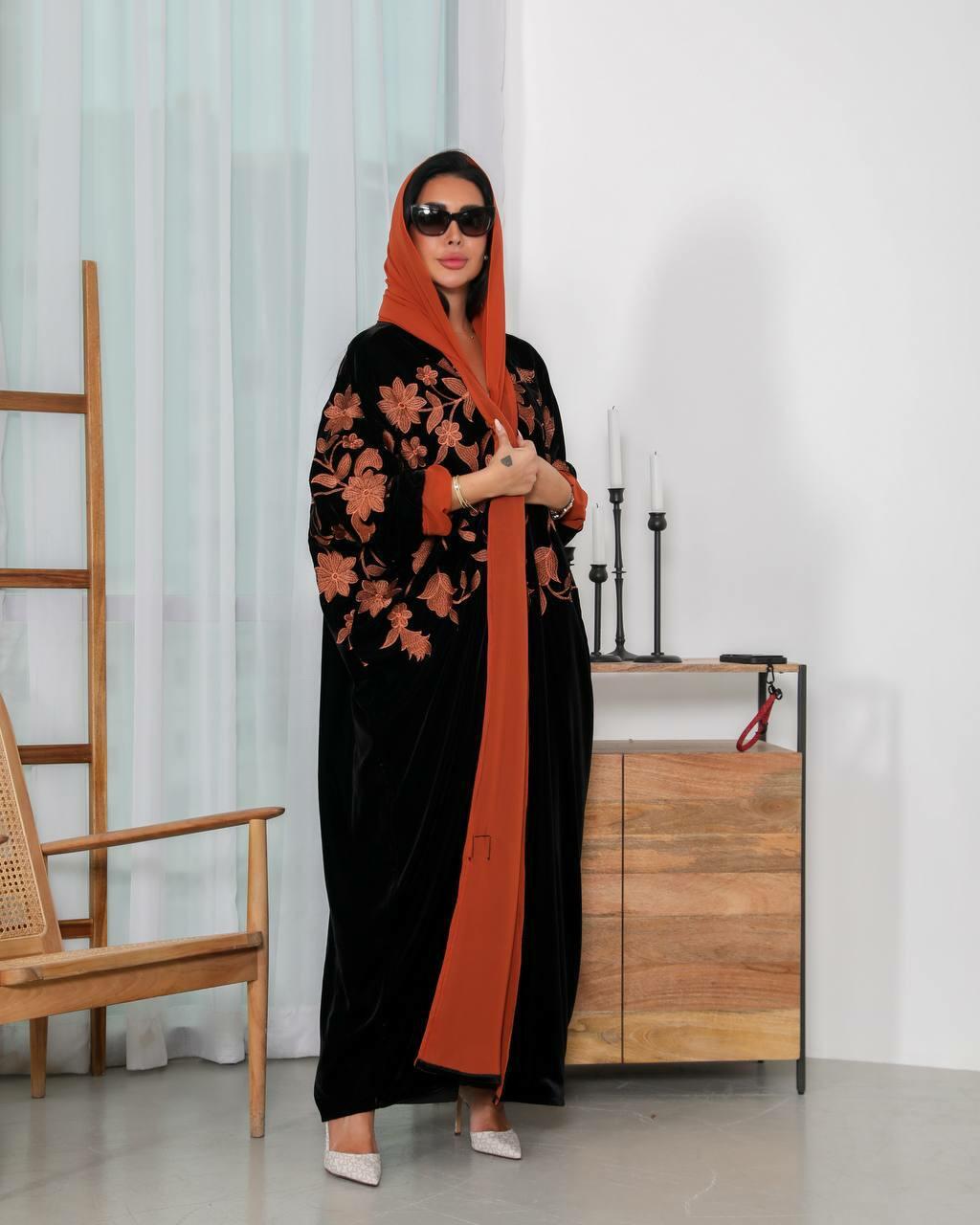 Black velvet abaya with orange embroidery -free size