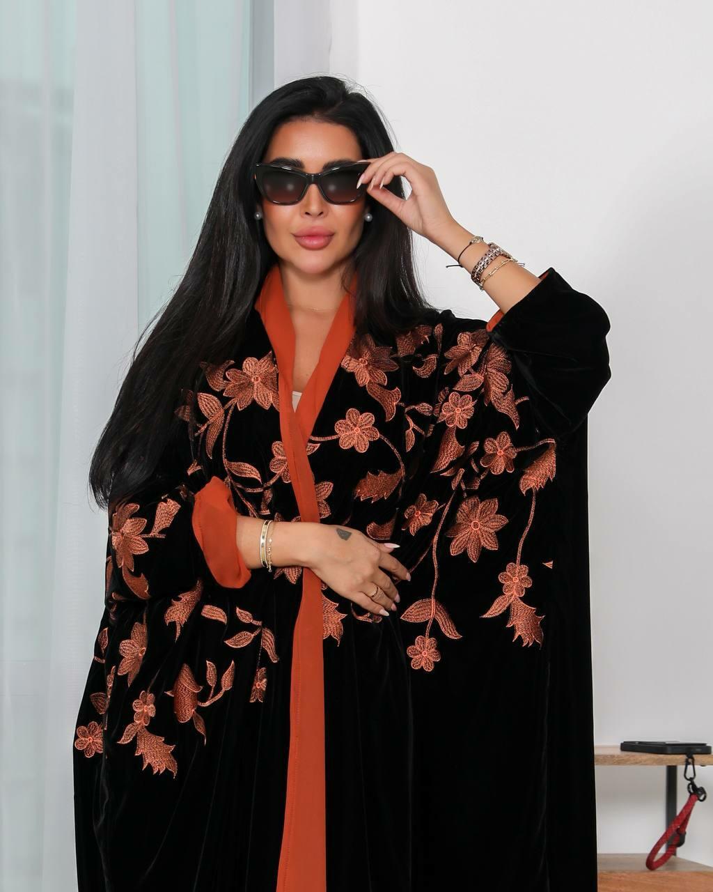 Black velvet abaya with orange embroidery -free size