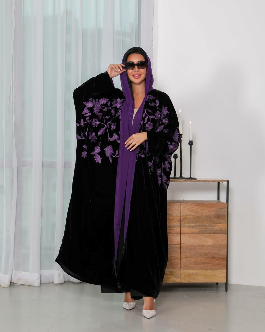 Black velvet abaya with purple embroidery -free size