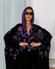 Black velvet abaya with purple embroidery -free size