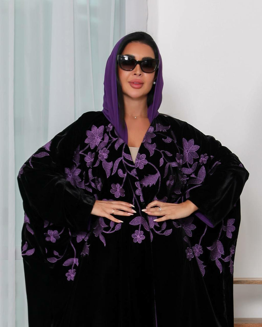 Black velvet abaya with purple embroidery -free size