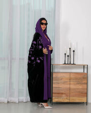 Black velvet abaya with purple embroidery -free size