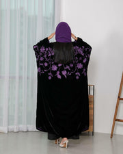 Black velvet abaya with purple embroidery -free size