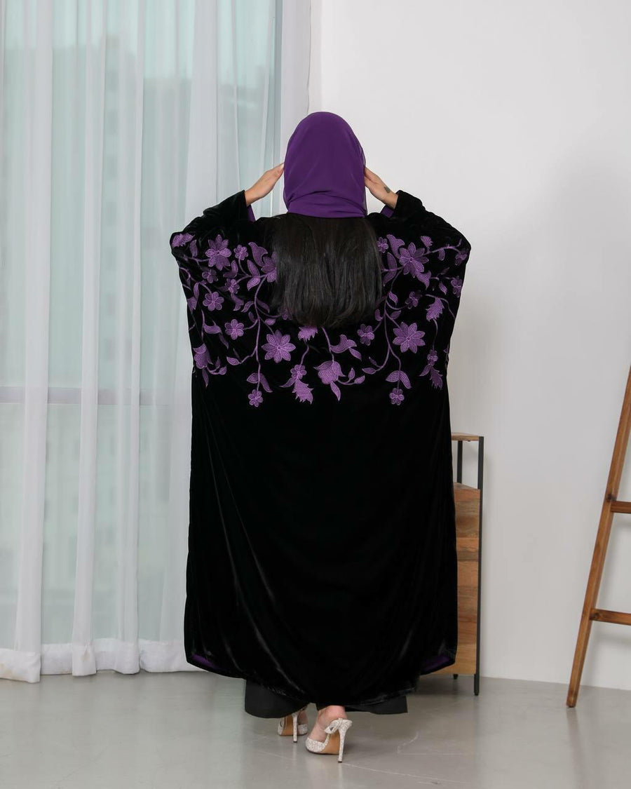 Black velvet abaya with purple embroidery -free size