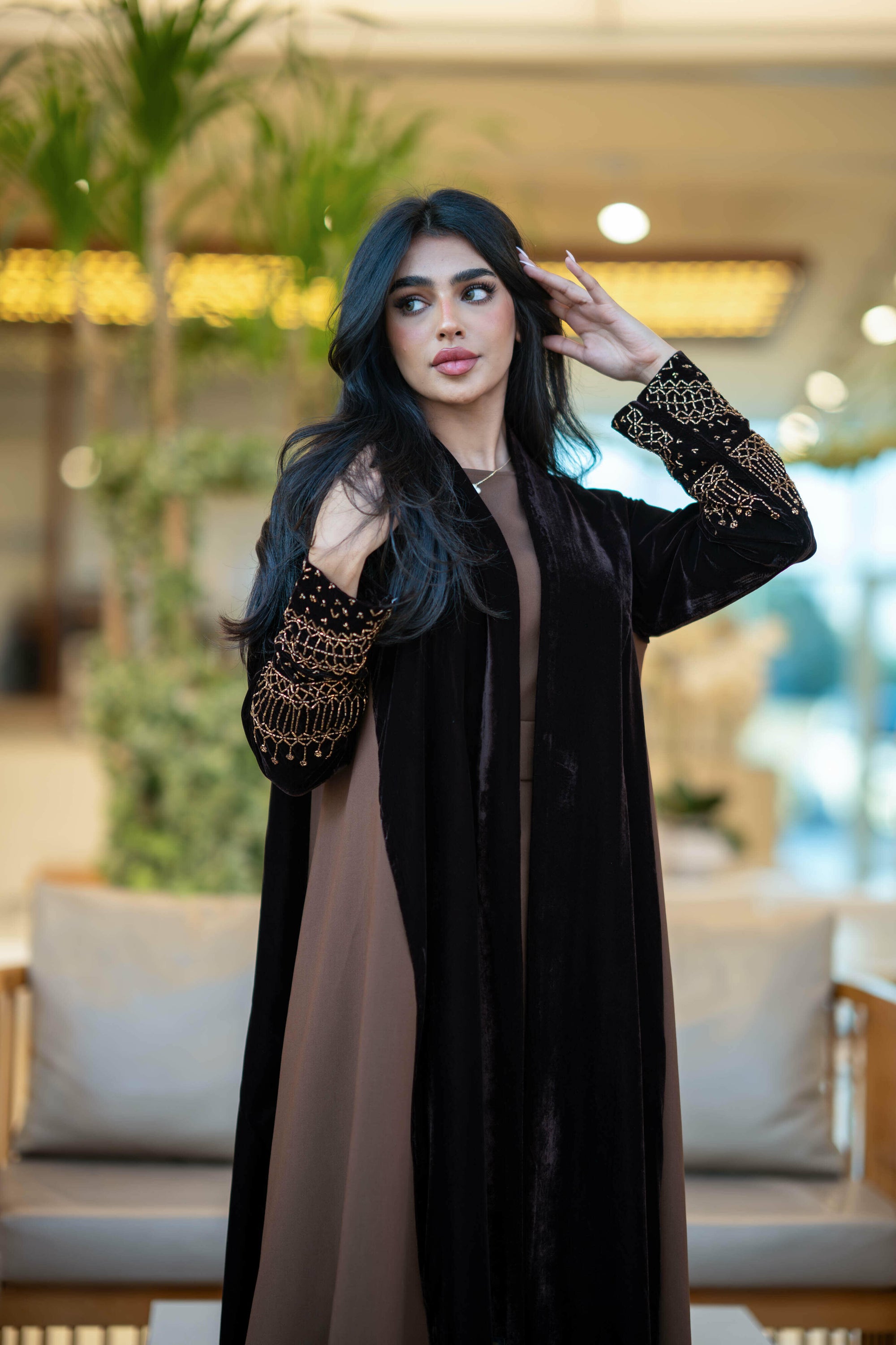 Black and brown velvet abaya with a luxurious handmade on the sleeves