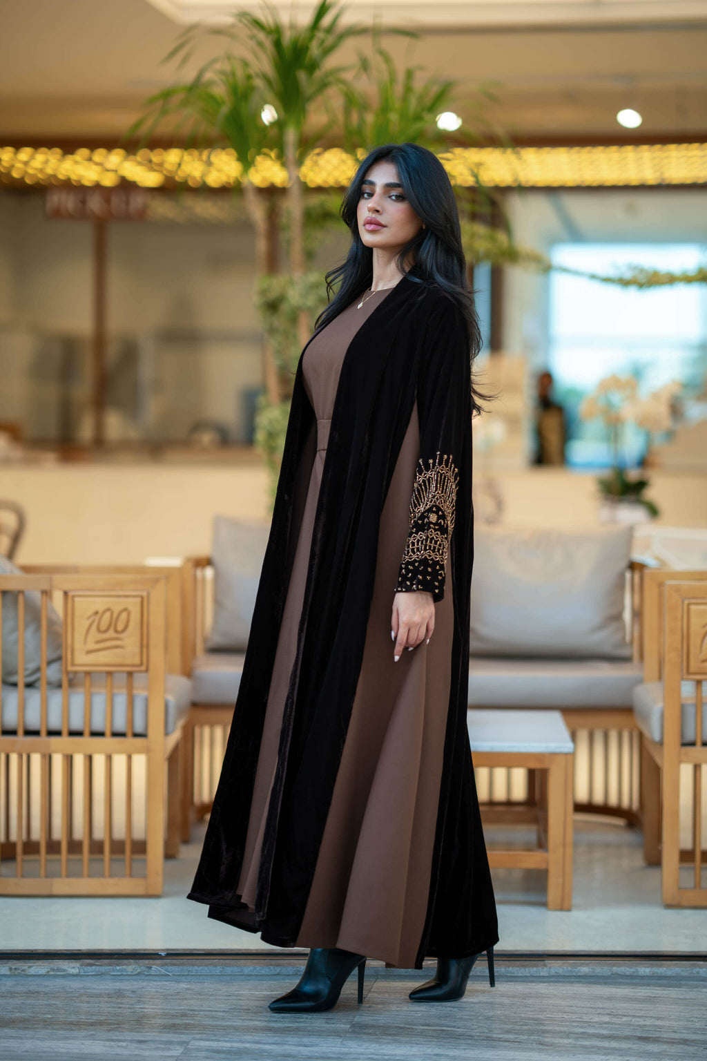 Black and brown velvet abaya with a luxurious handmade on the sleeves