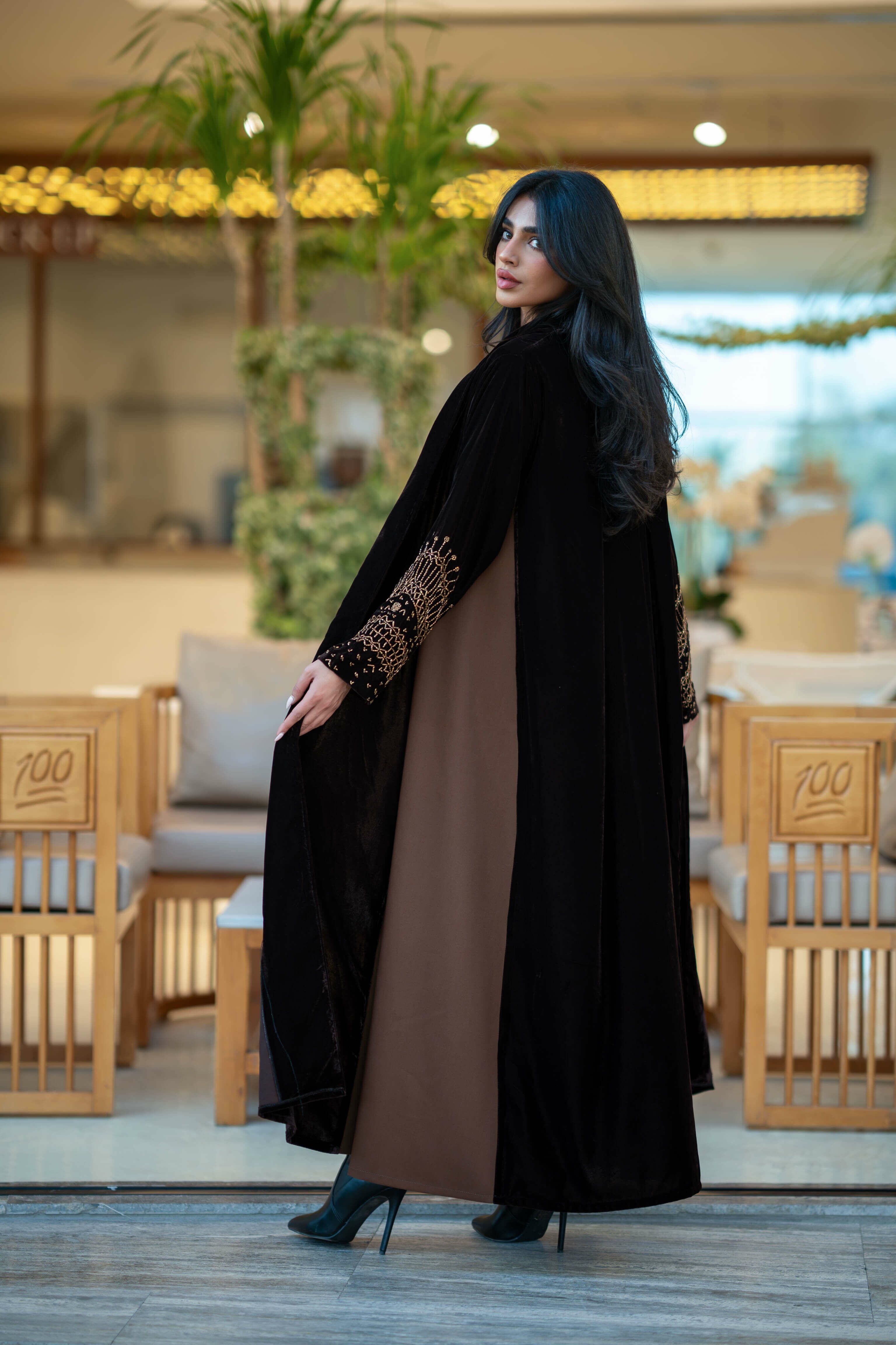 Black and brown velvet abaya with a luxurious handmade on the sleeves