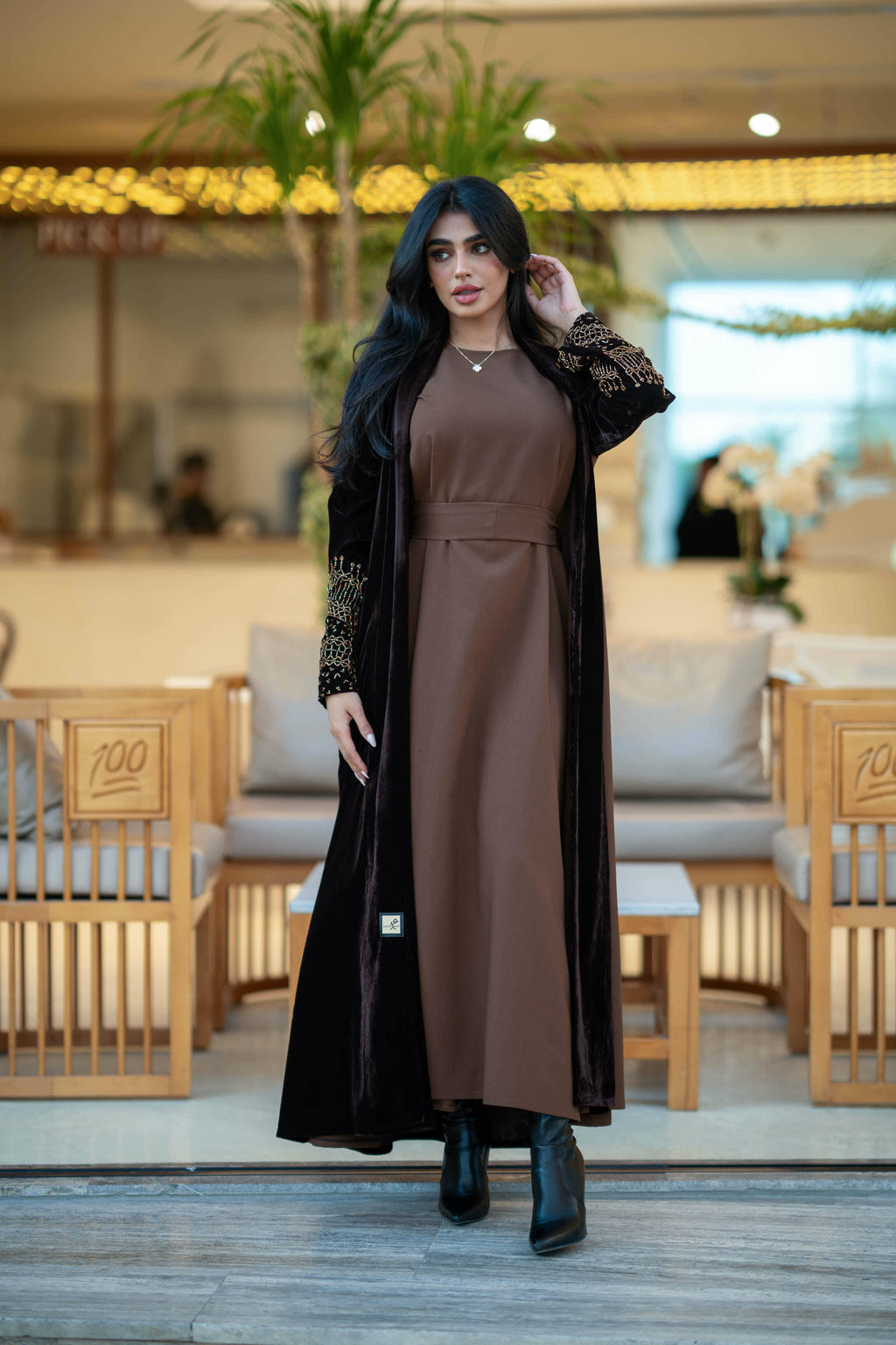 Black and brown velvet abaya with a luxurious handmade on the sleeves