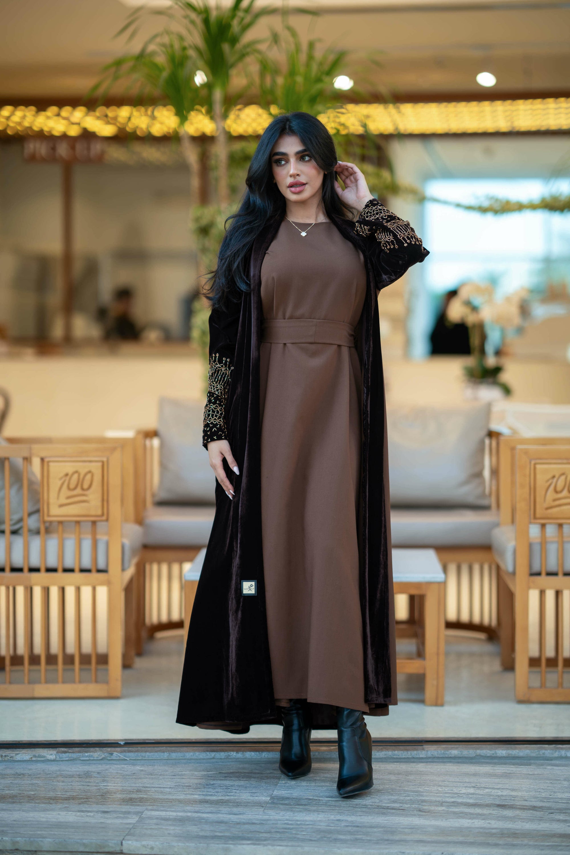 Black and brown velvet abaya with a luxurious handmade on the sleeves