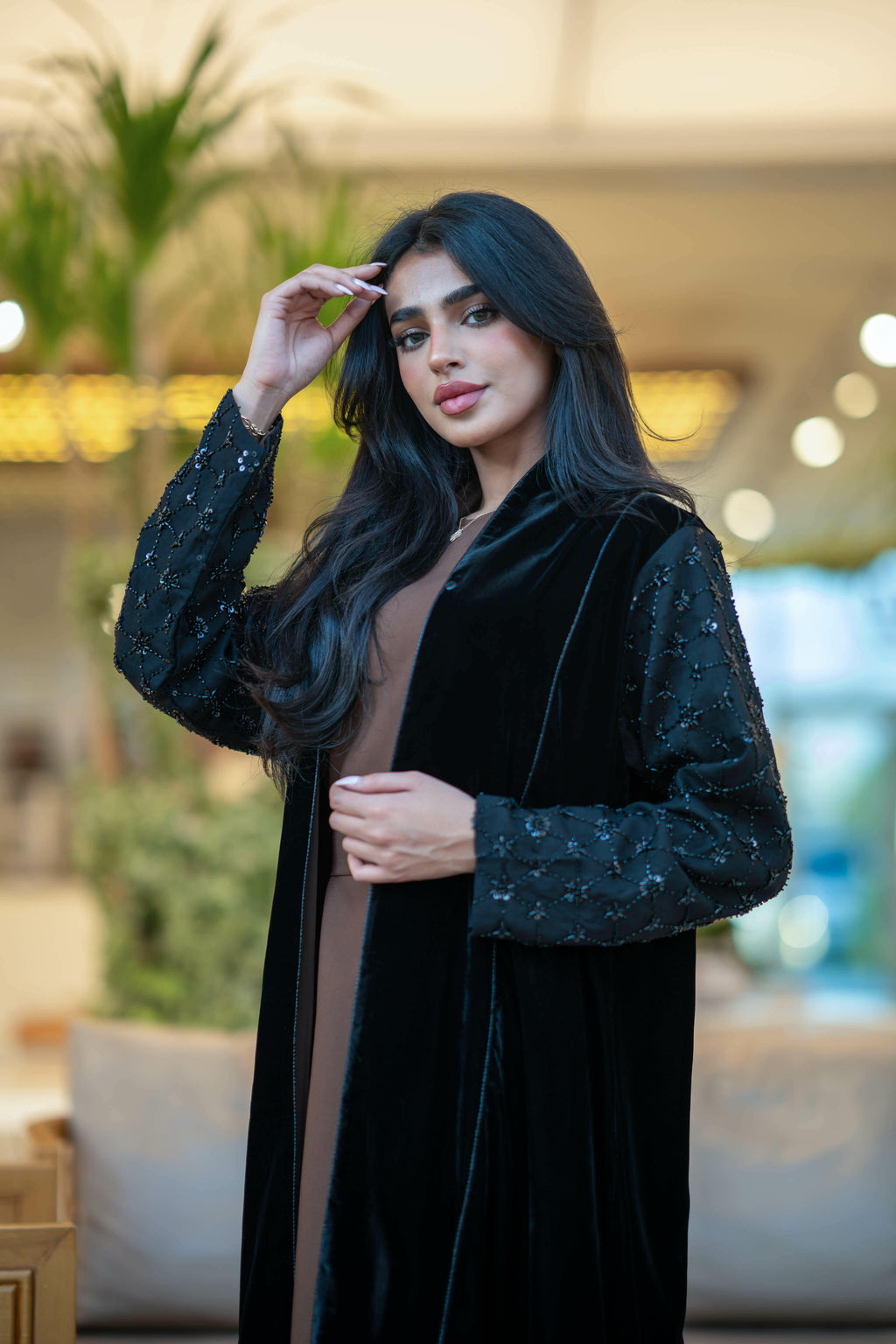 Black velvet abaya with embroidery in the sleeves