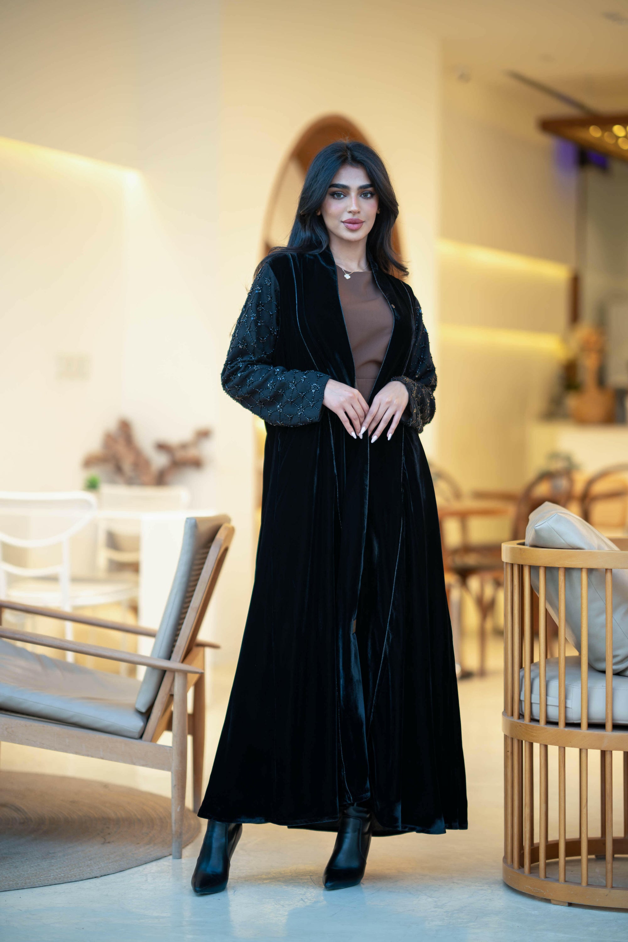 Black velvet abaya with embroidery in the sleeves