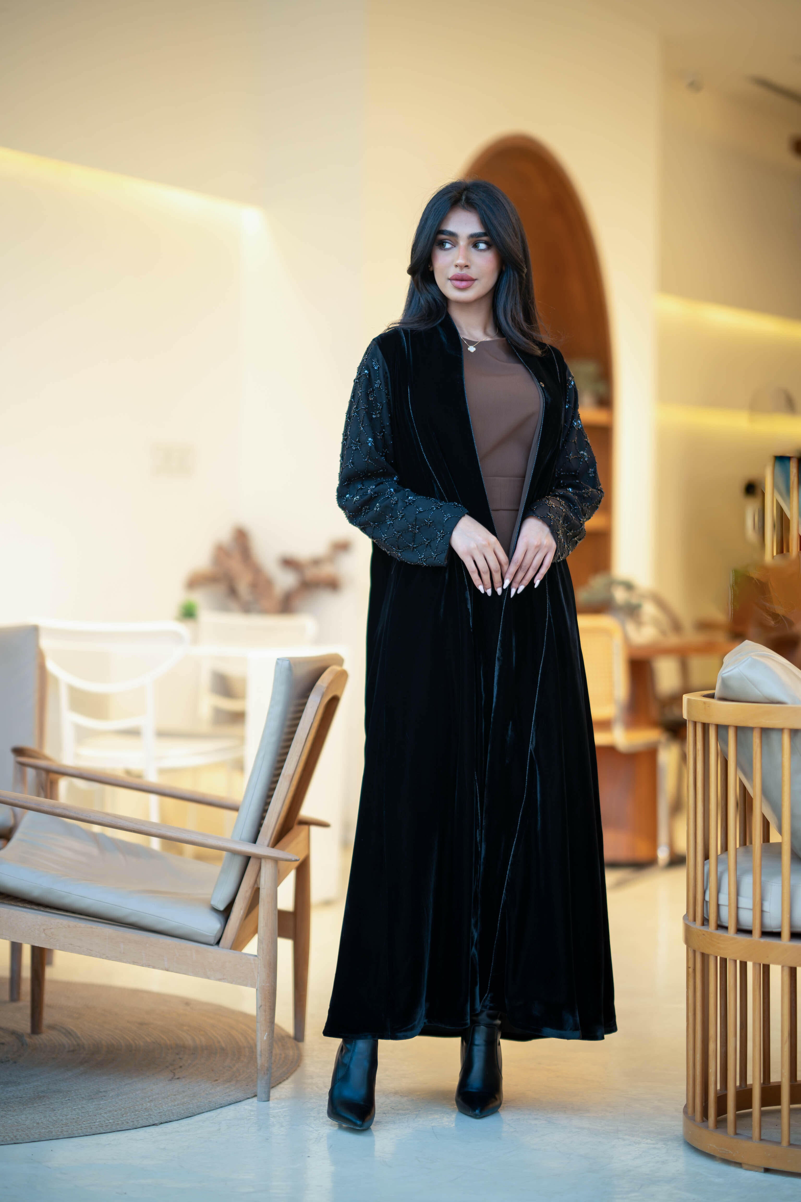 Black velvet abaya with embroidery in the sleeves