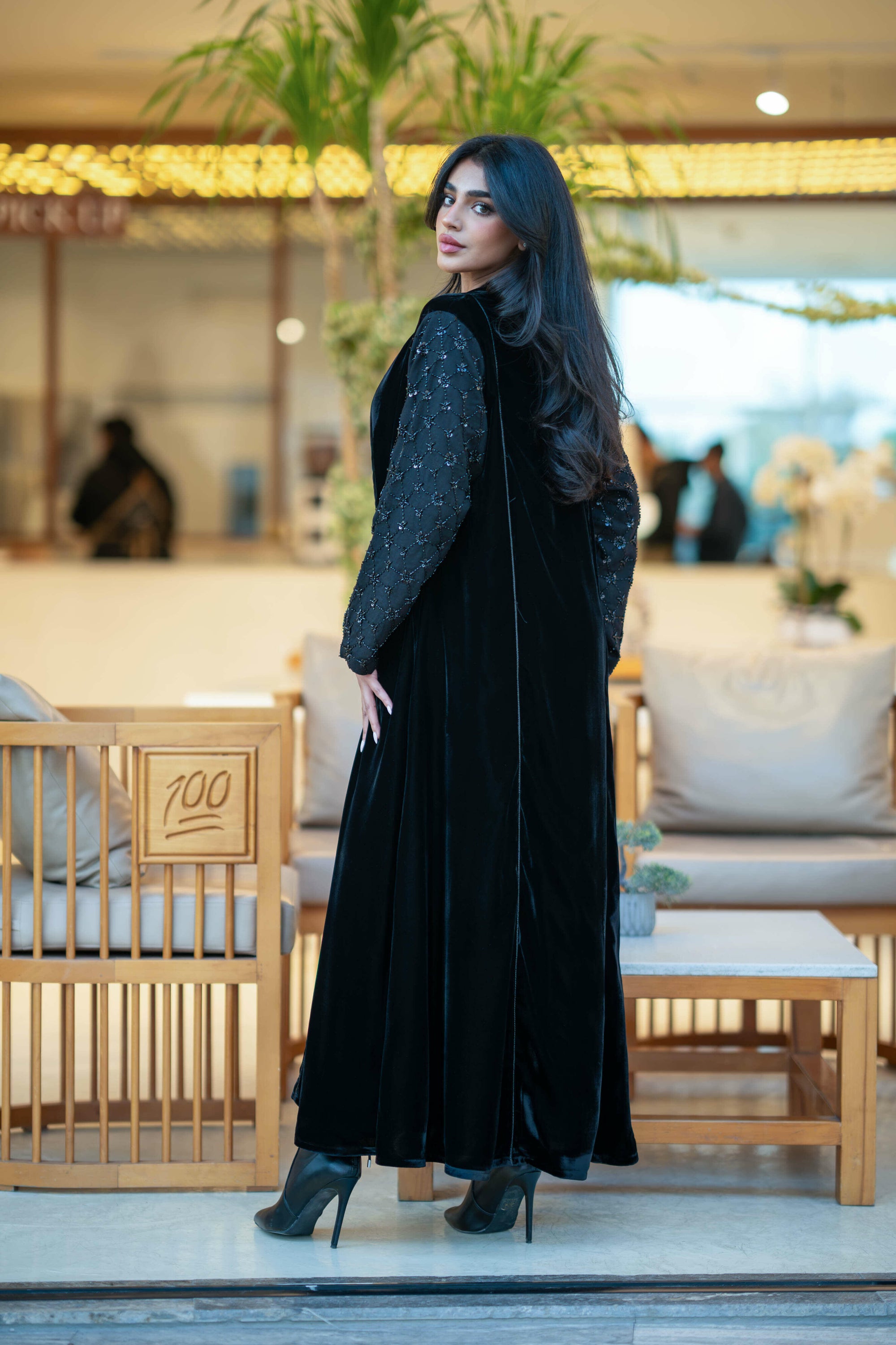 Black velvet abaya with embroidery in the sleeves
