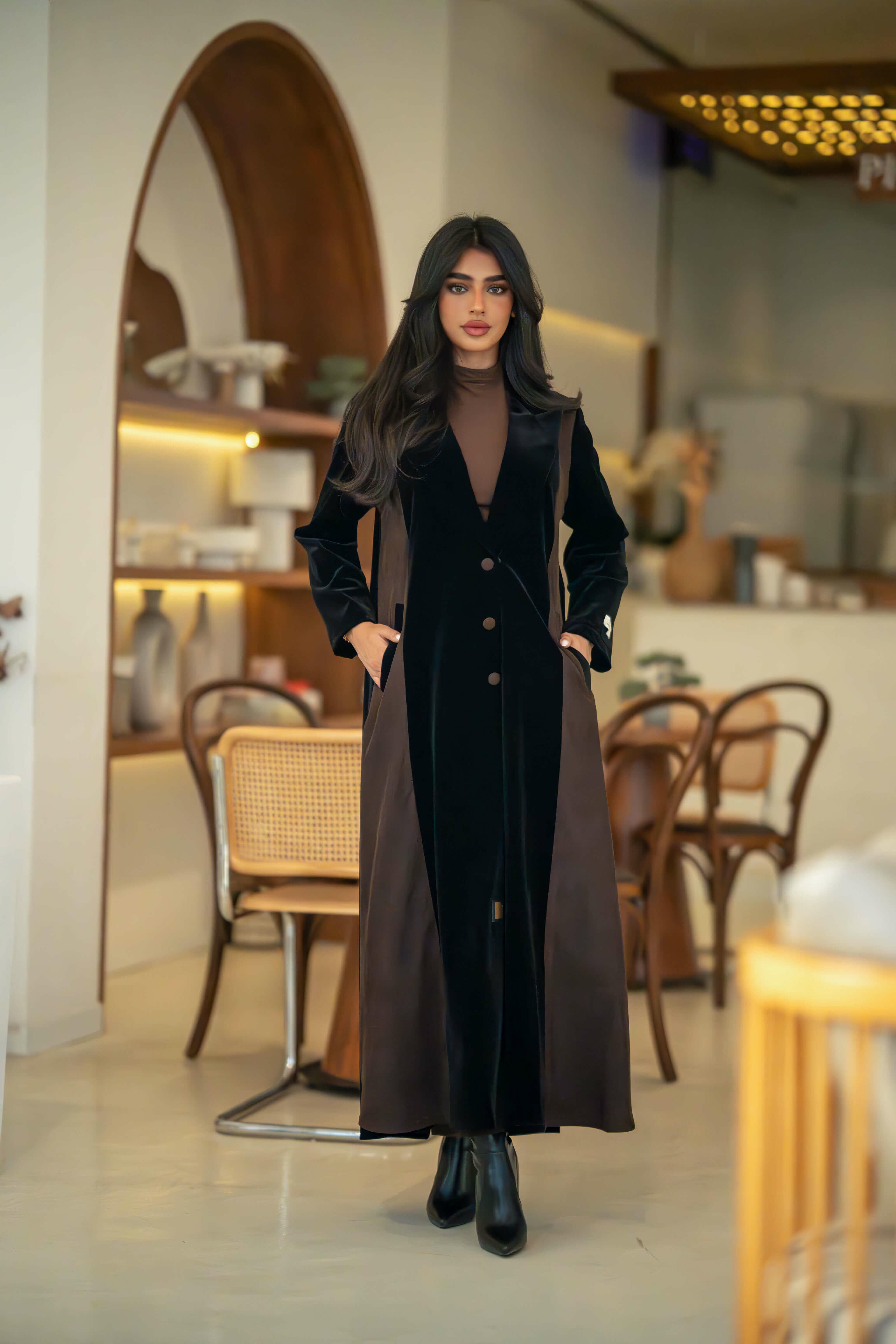 Black crepe abaya with brown velvet