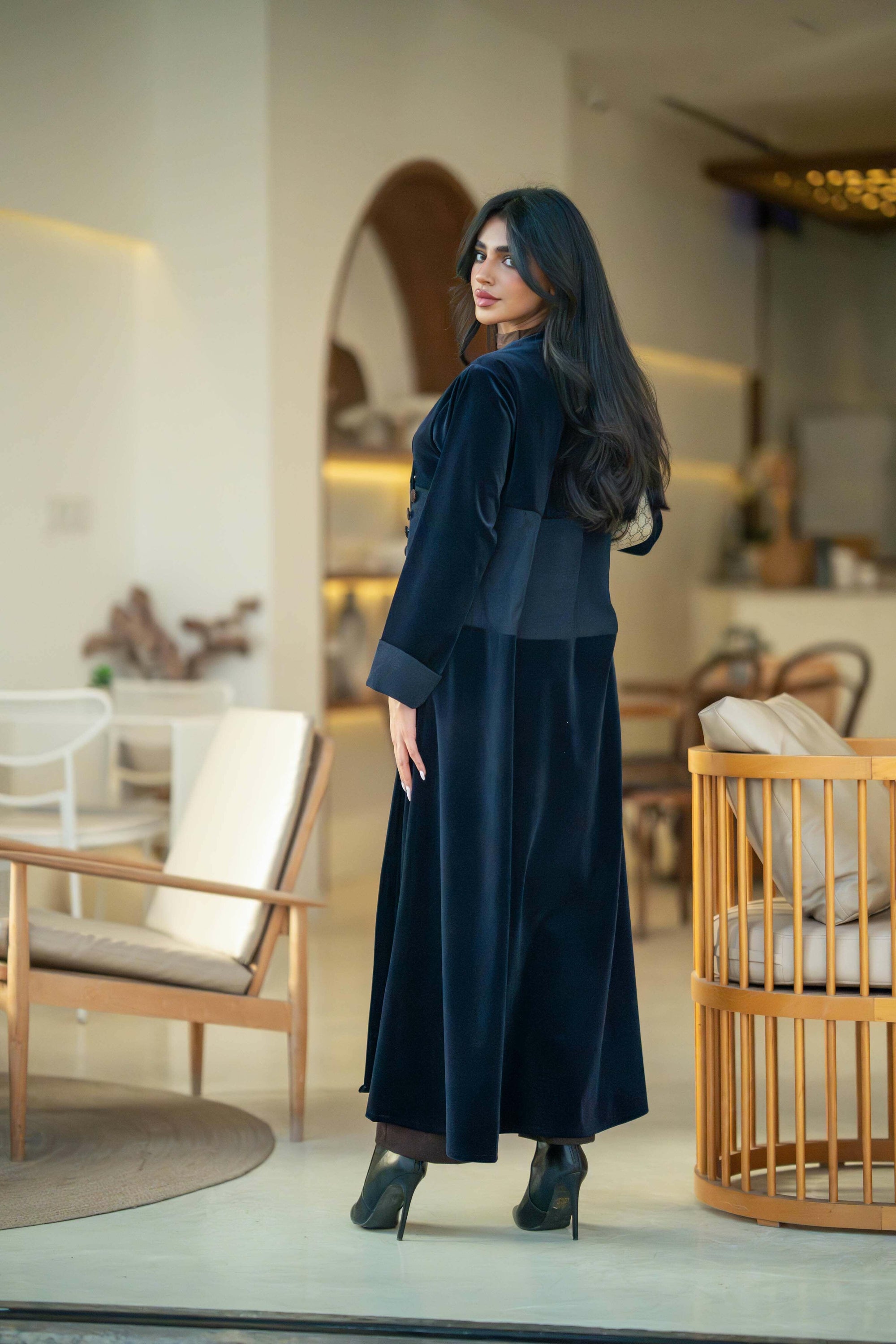 Navy crepe and velvet abaya