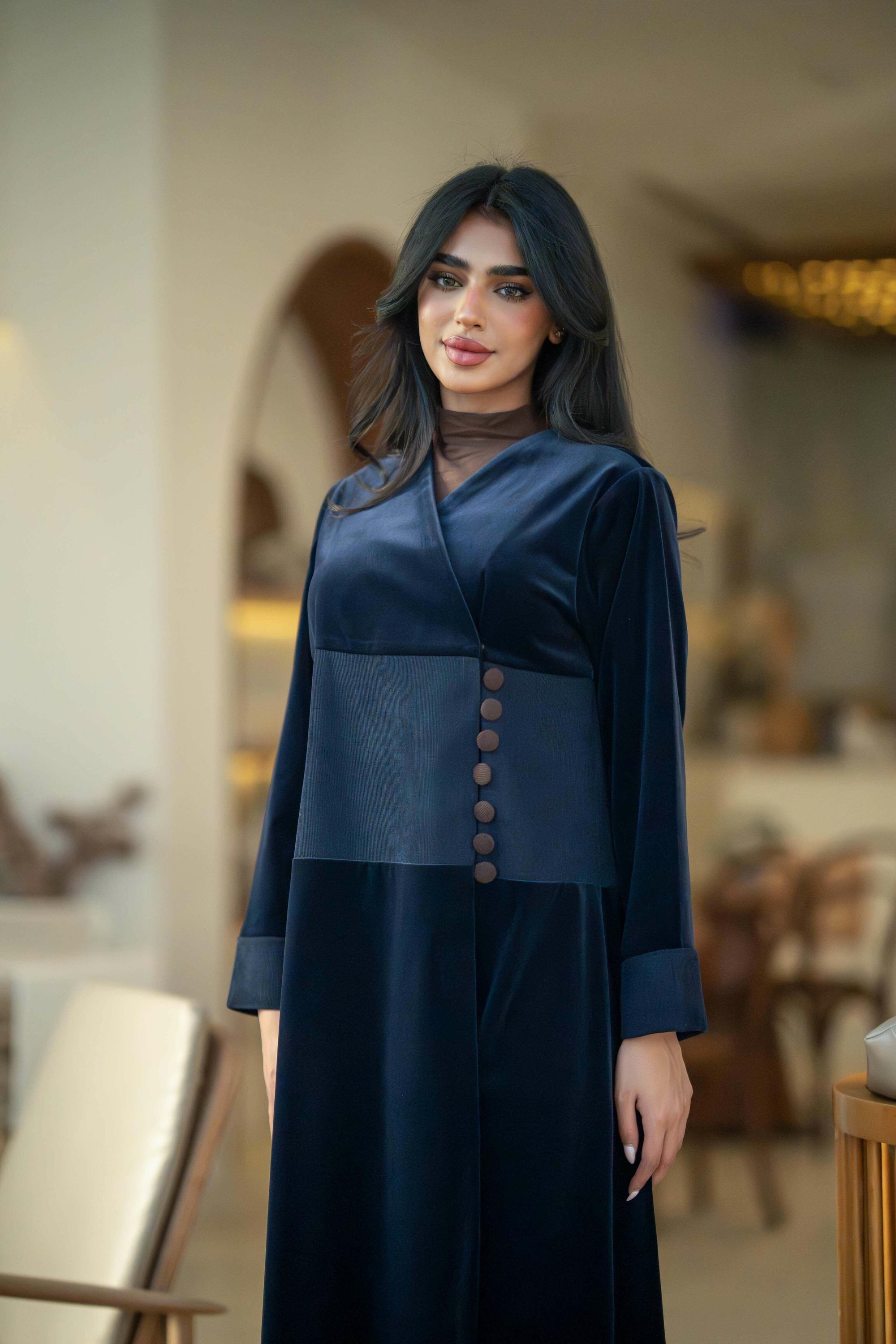 Navy crepe and velvet abaya