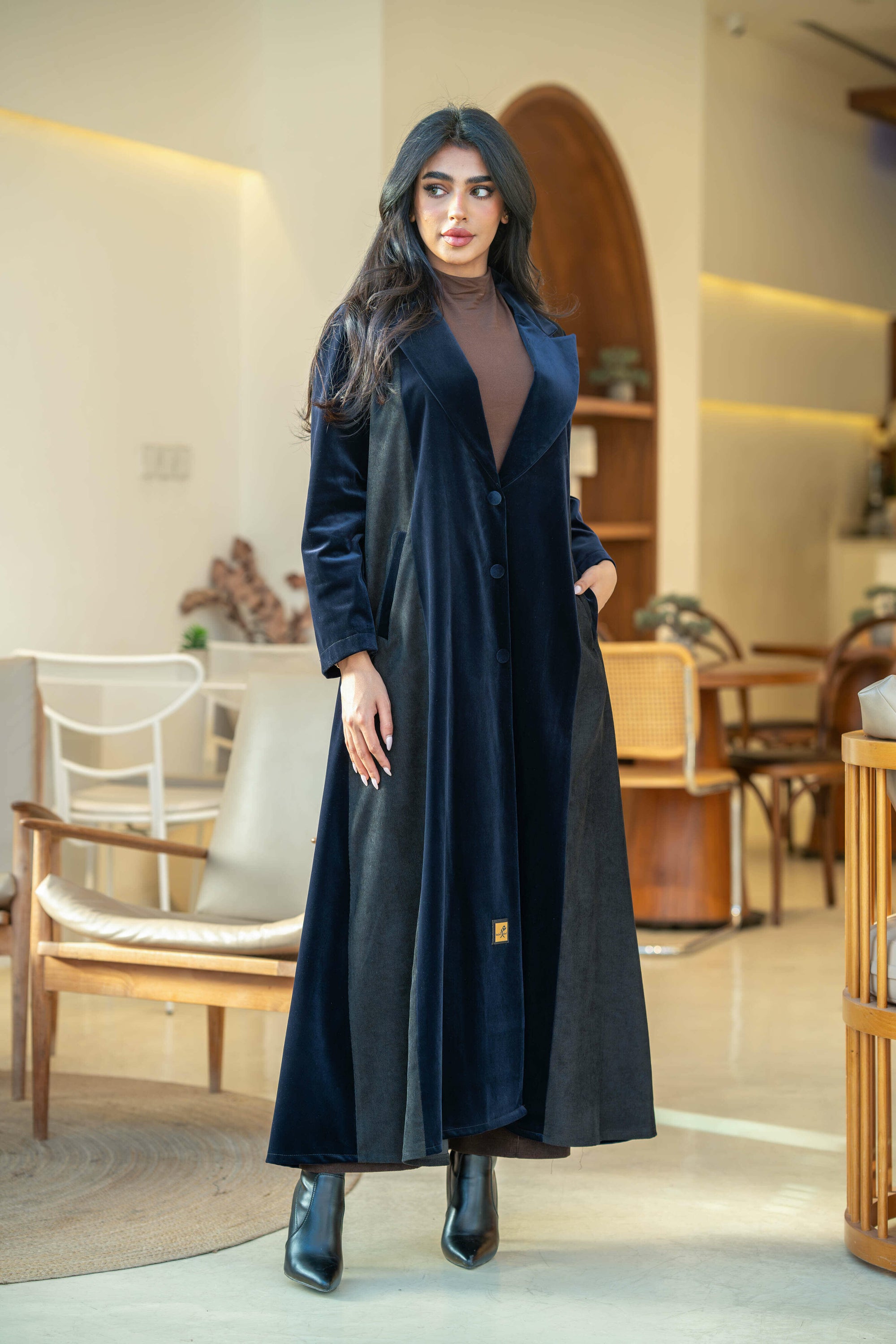 Navy crepe abaya with navy velvet