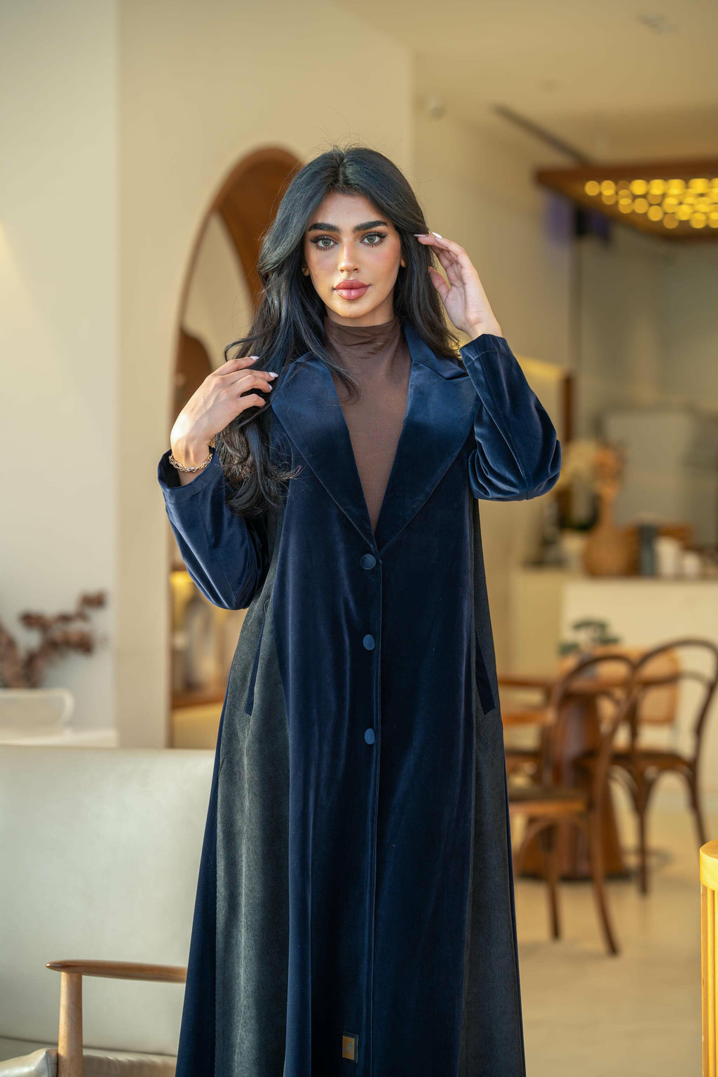 Navy crepe abaya with navy velvet