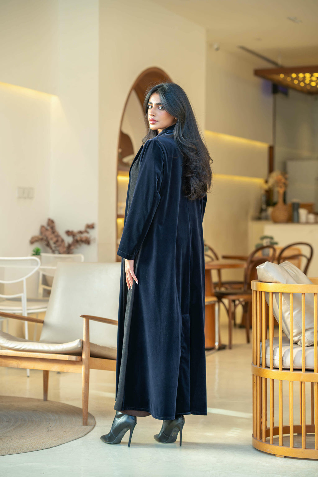 Navy crepe abaya with navy velvet
