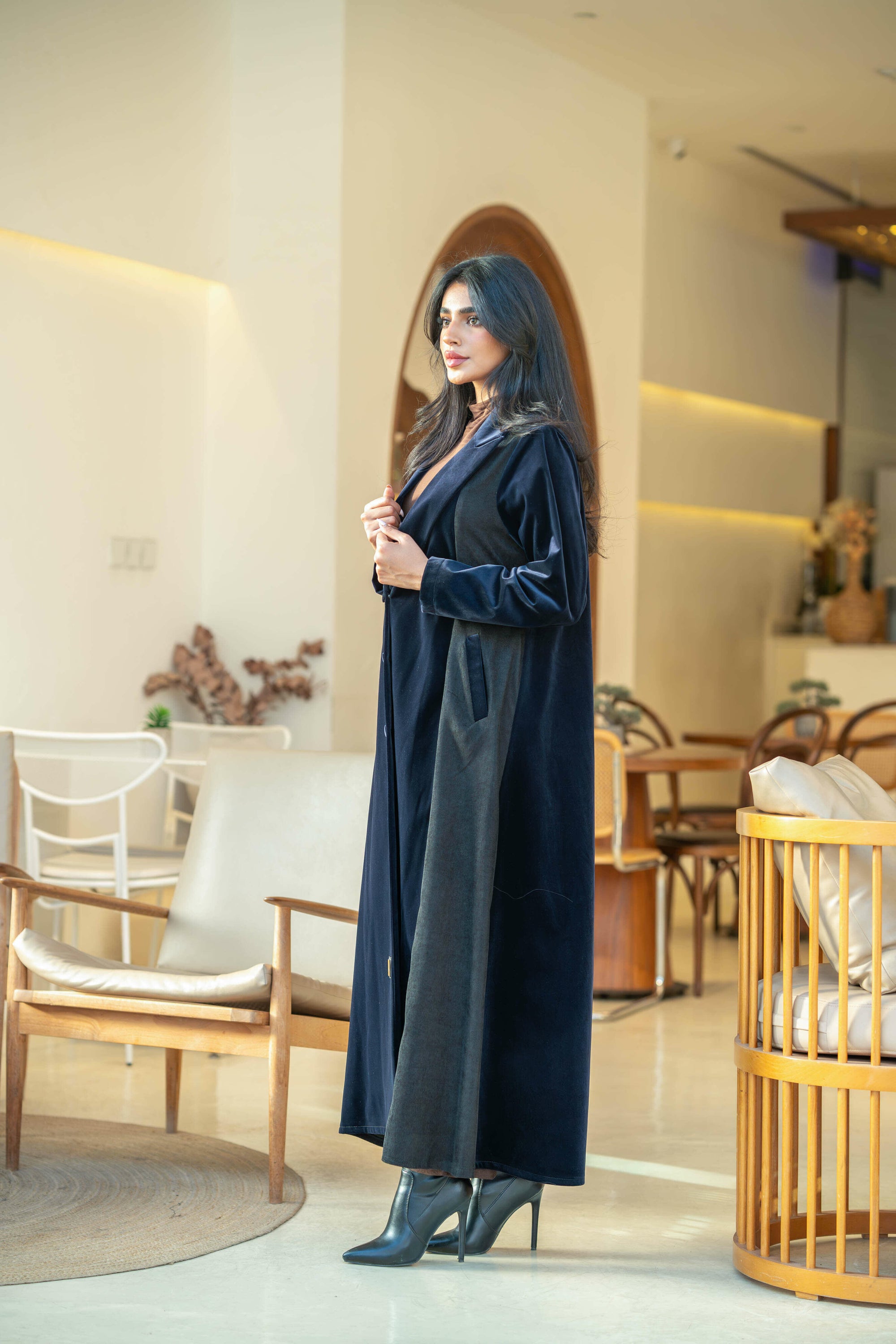 Navy crepe abaya with navy velvet