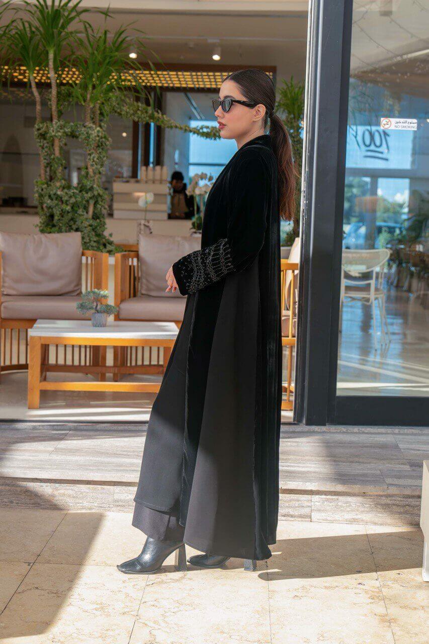 Black crepe and velvet abaya with hand embroidery