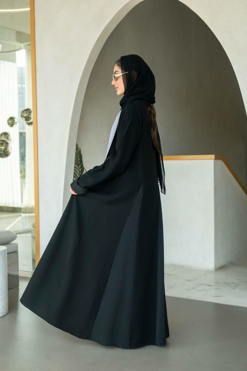 Practical black crepe abaya with striped trimming and lined with gray chiffon