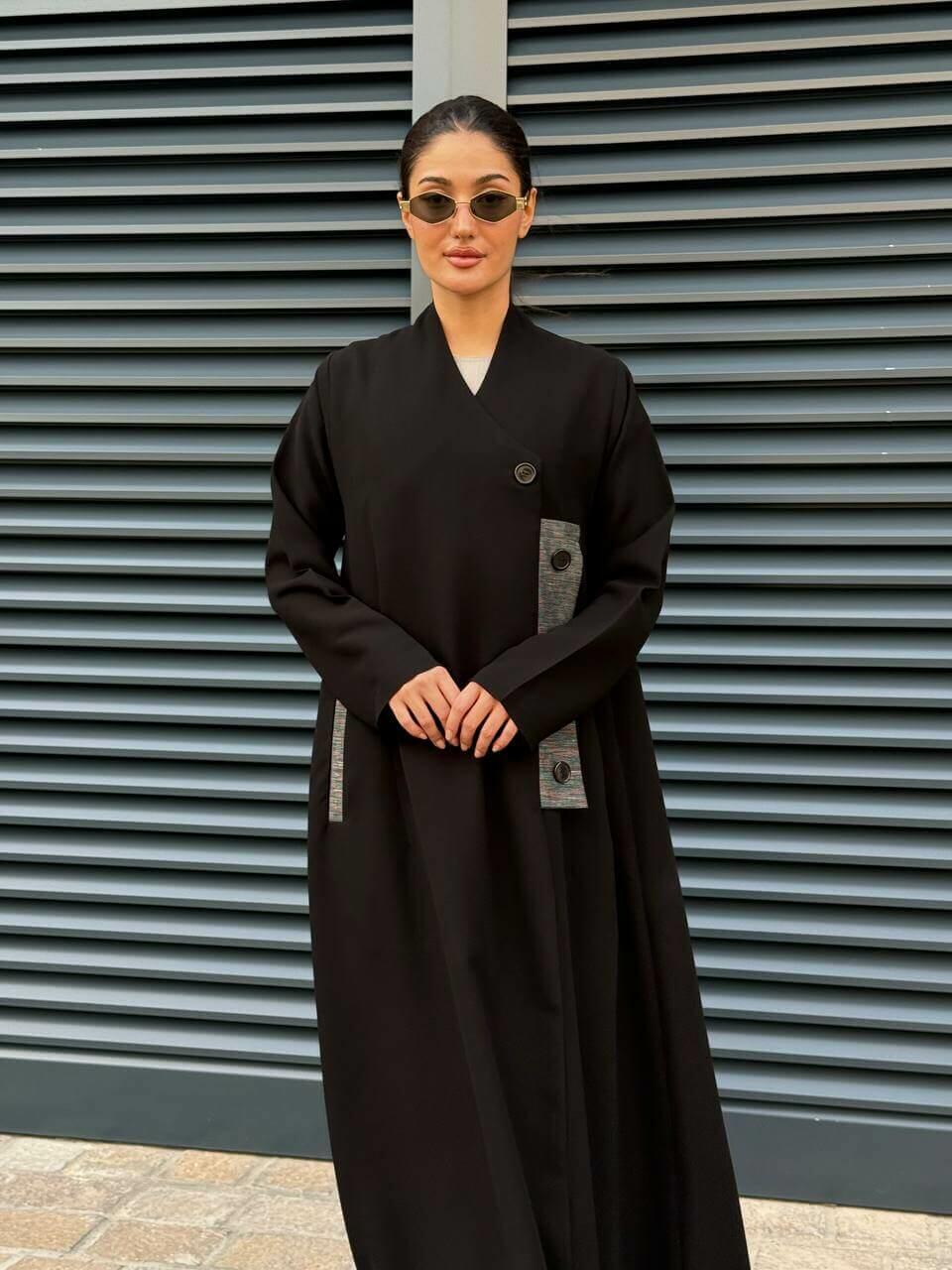 Practical black crepe abaya with striped trimming