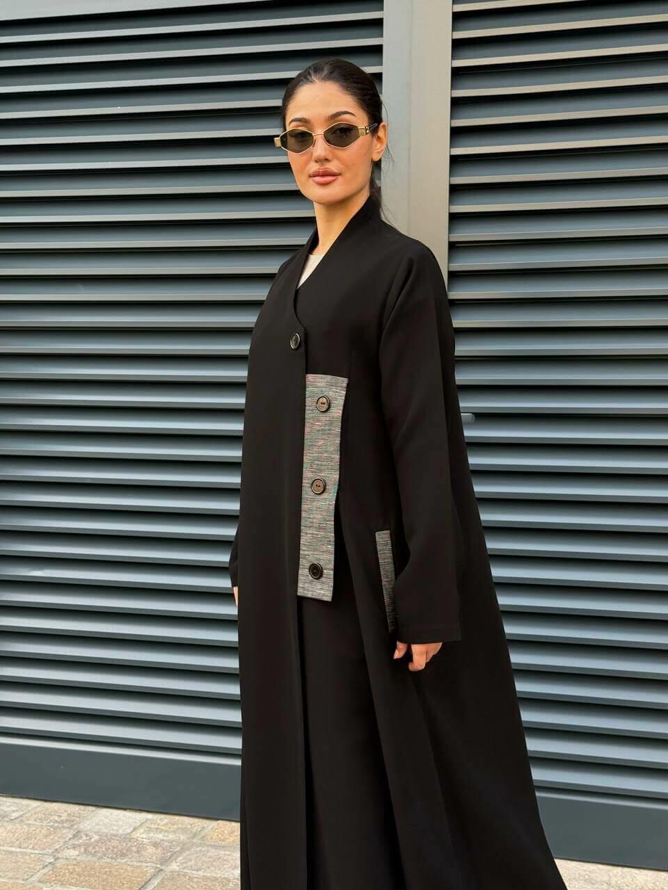 Practical black crepe abaya with striped trimming