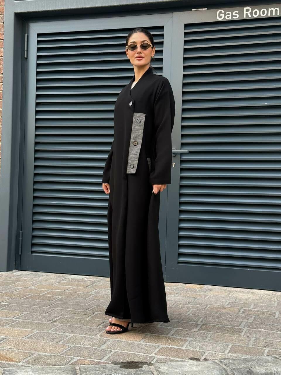 Practical black crepe abaya with striped trimming