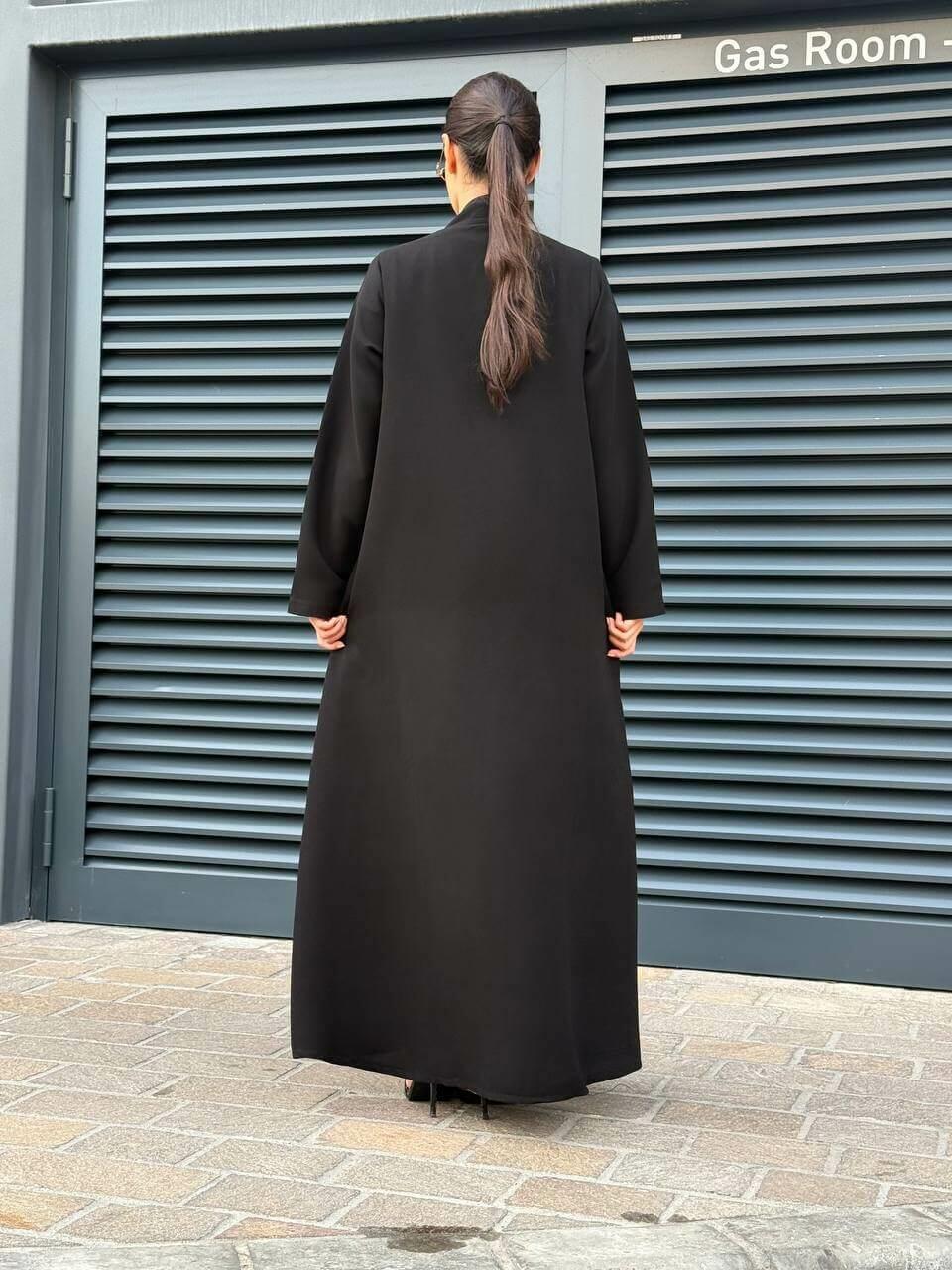 Practical black crepe abaya with striped trimming