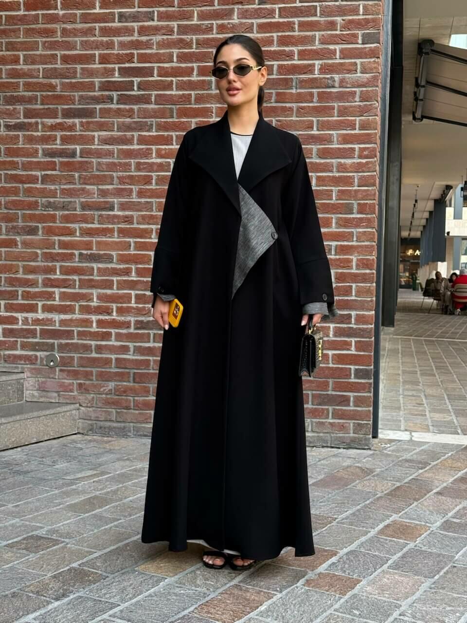 Practical black crepe abaya with striped trimming