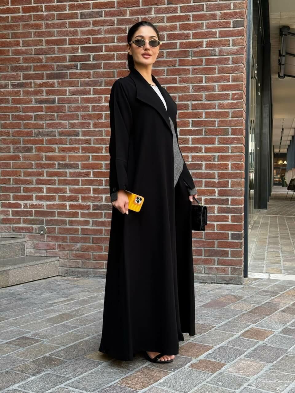 Practical black crepe abaya with striped trimming