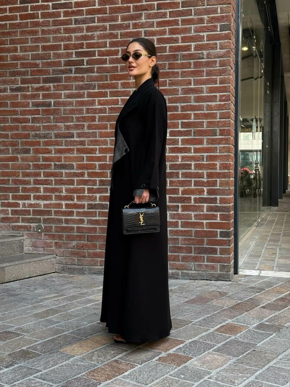 Practical black crepe abaya with striped trimming