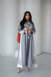 Light gray and white linen abaya