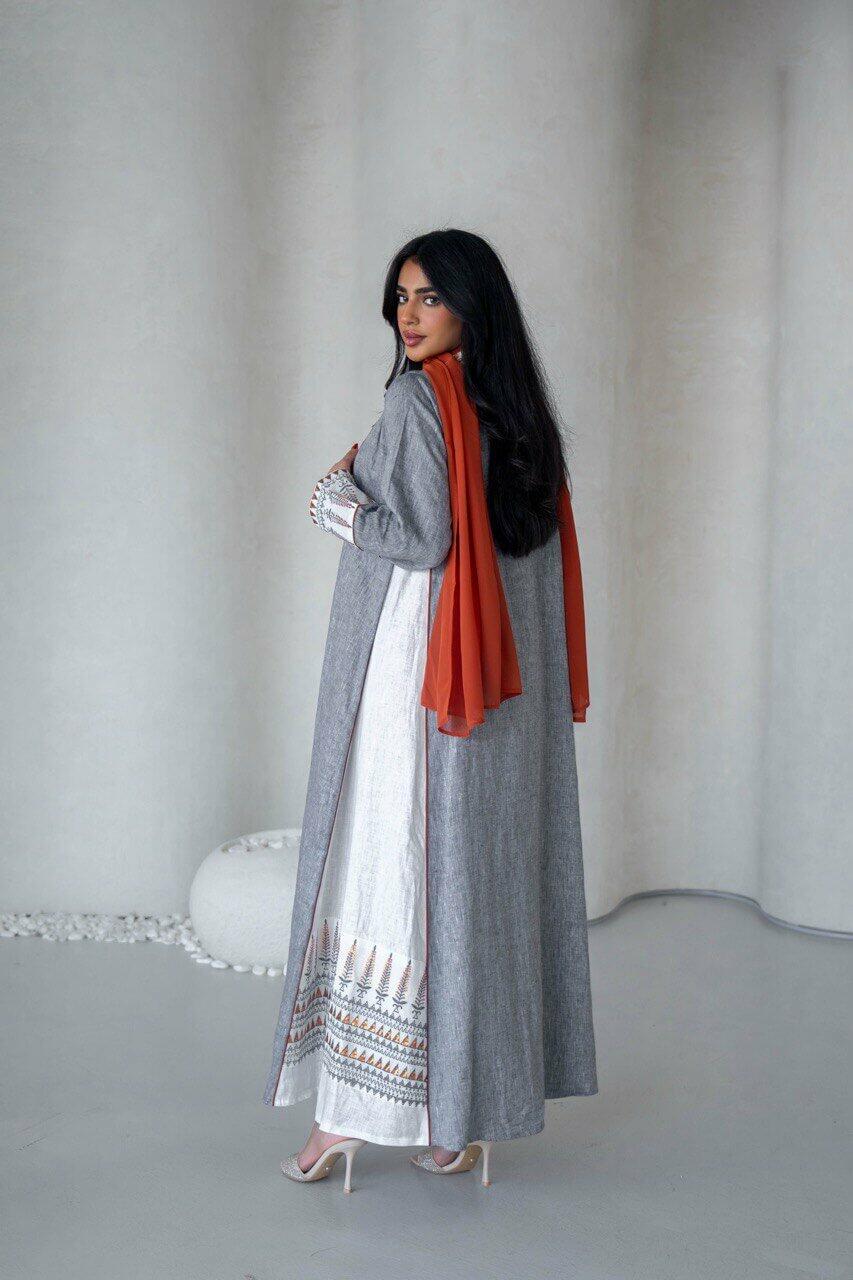Light gray and white linen abaya