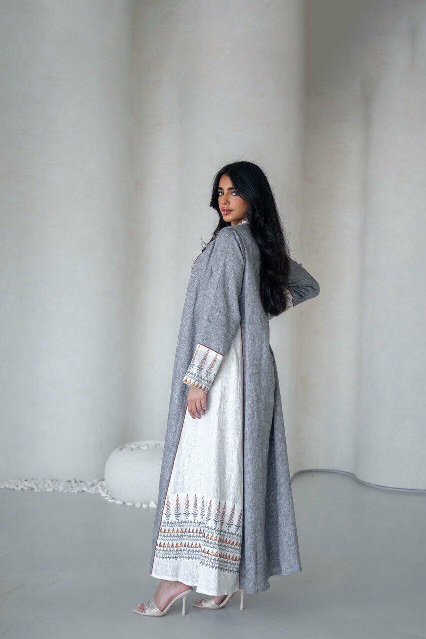 Light gray and white linen abaya