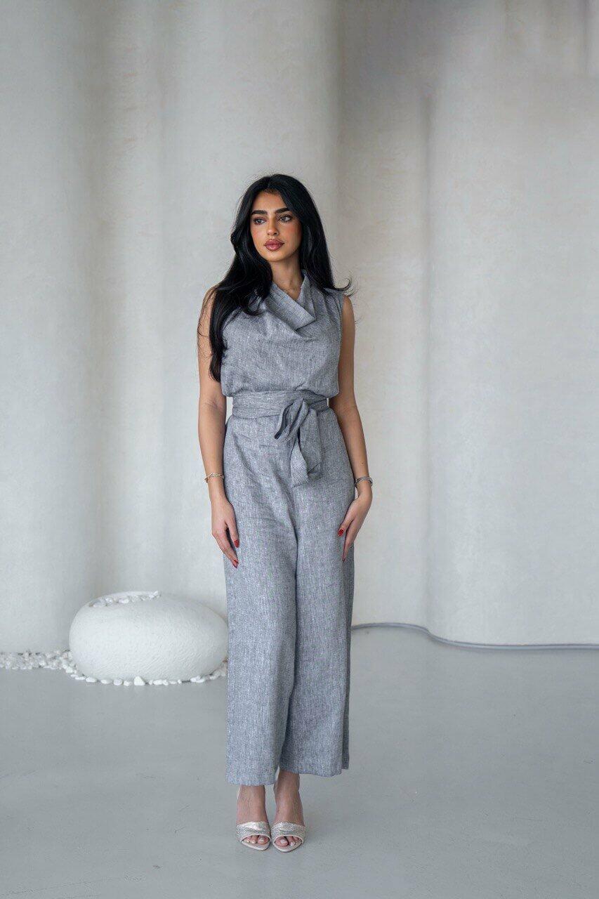 Light gray and white linen jumpsuit