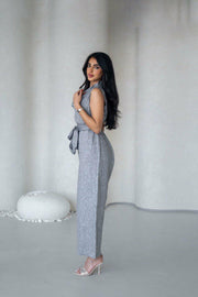 Light gray and white linen jumpsuit