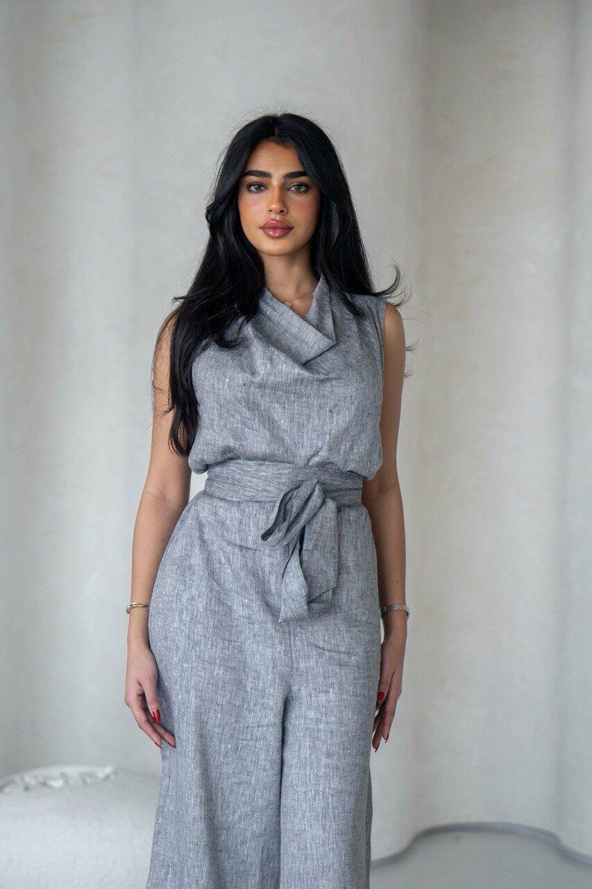 Light gray and white linen jumpsuit