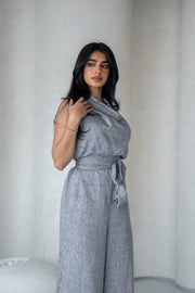Light gray and white linen jumpsuit