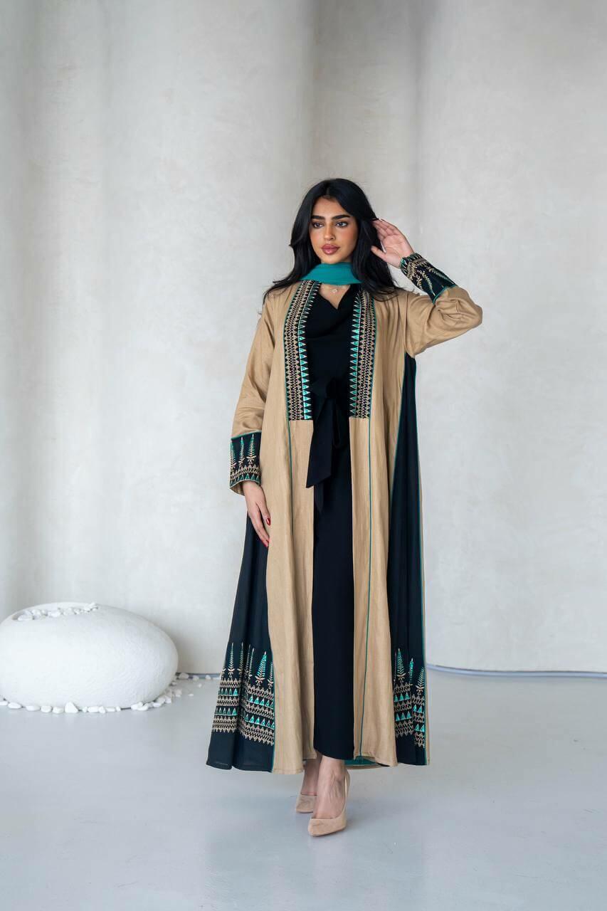 Beige and black linen abaya with embroidery
