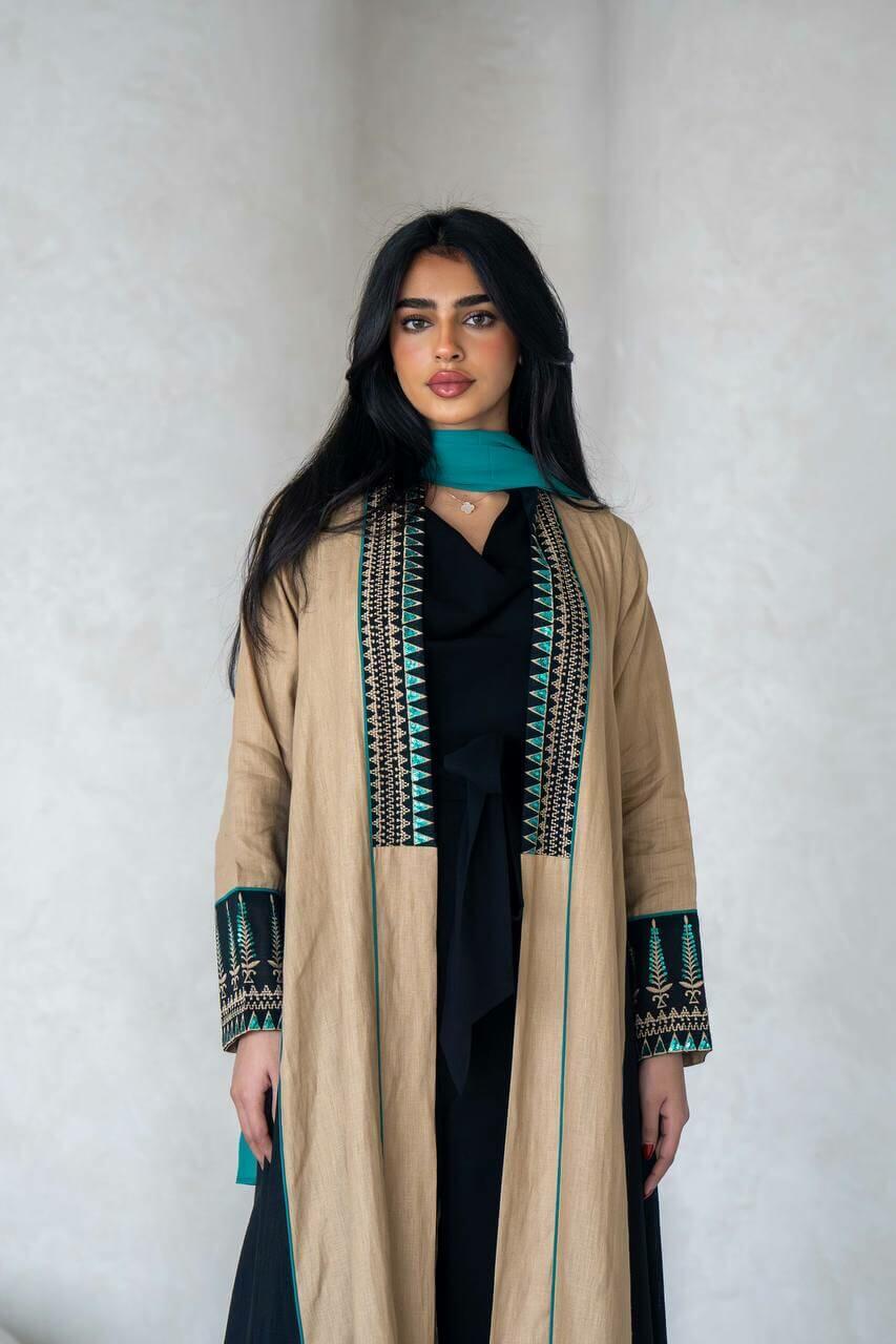Beige and black linen abaya with embroidery