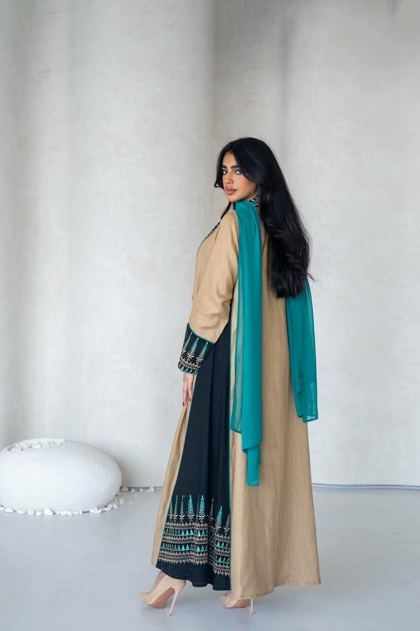 Beige and black linen abaya with embroidery