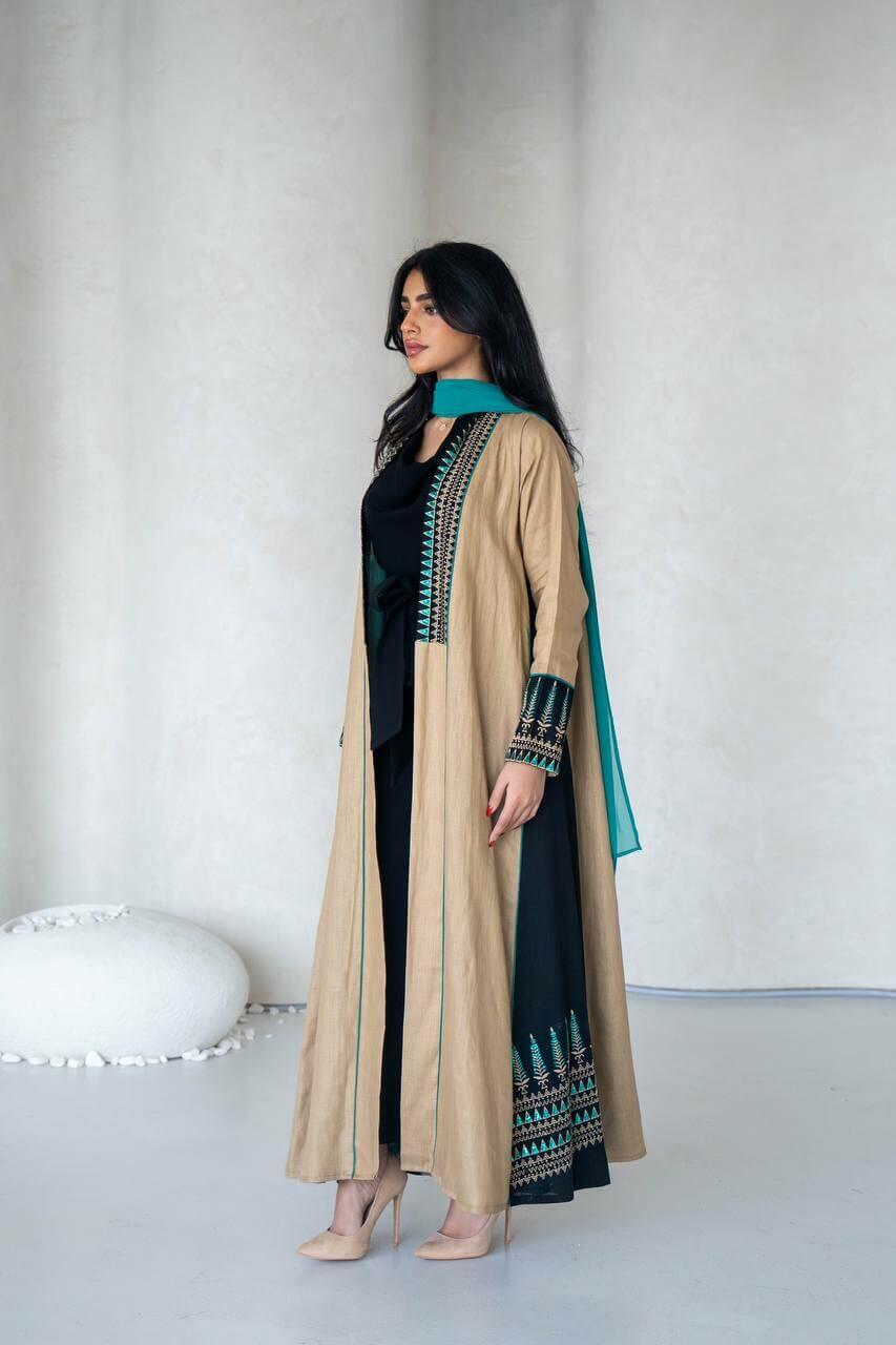 Beige and black linen abaya with embroidery