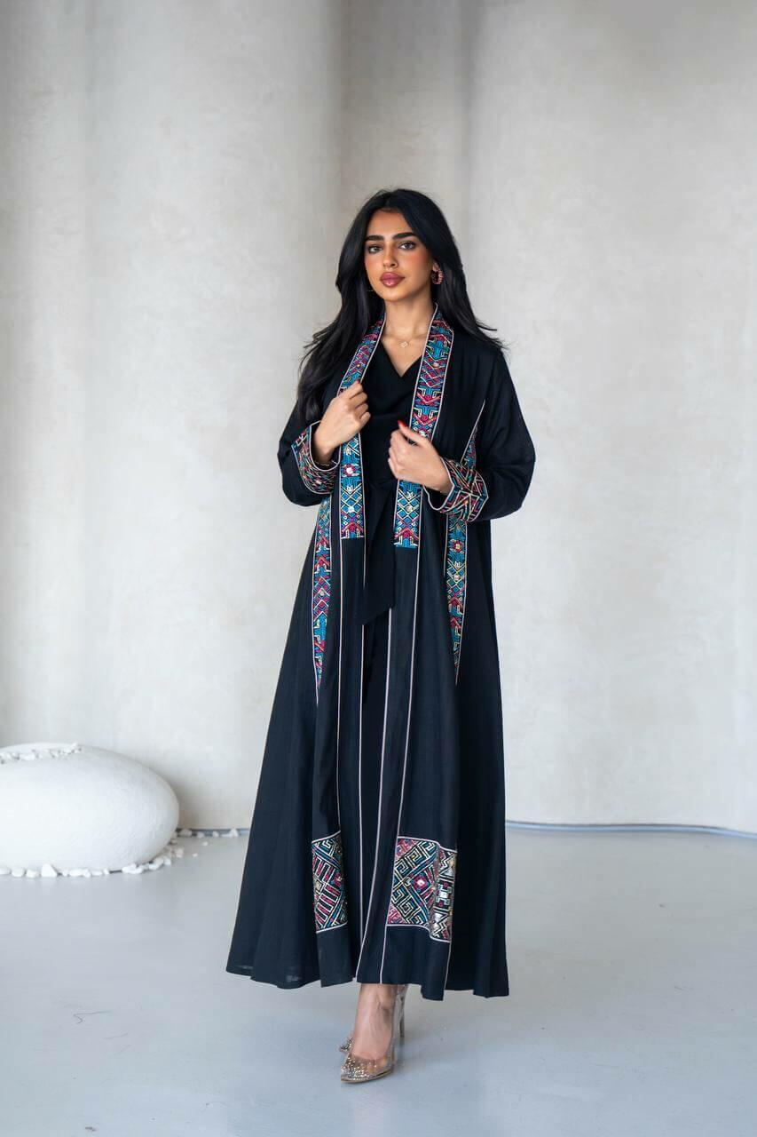Black linen abaya with colorful hand embroidery