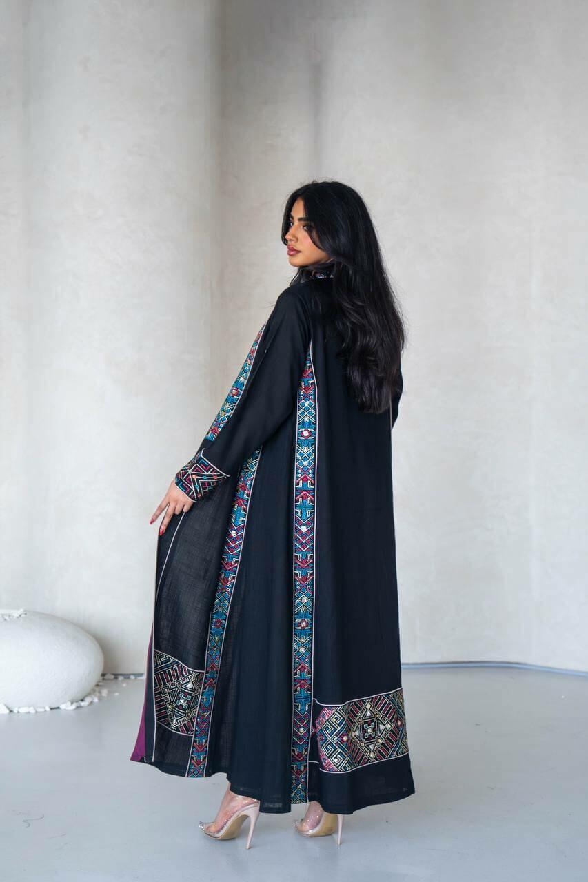 Black linen abaya with colorful hand embroidery