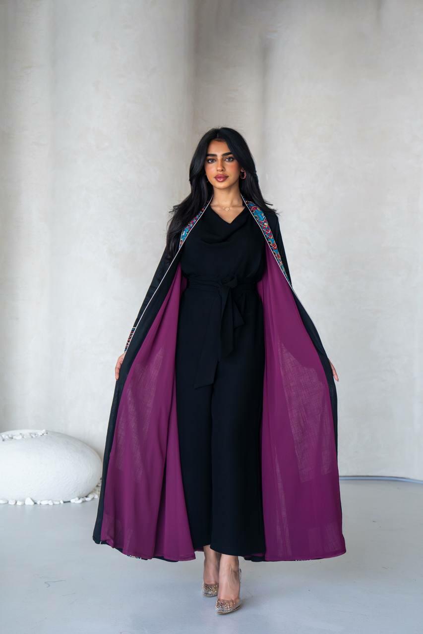 Black linen abaya with colorful hand embroidery
