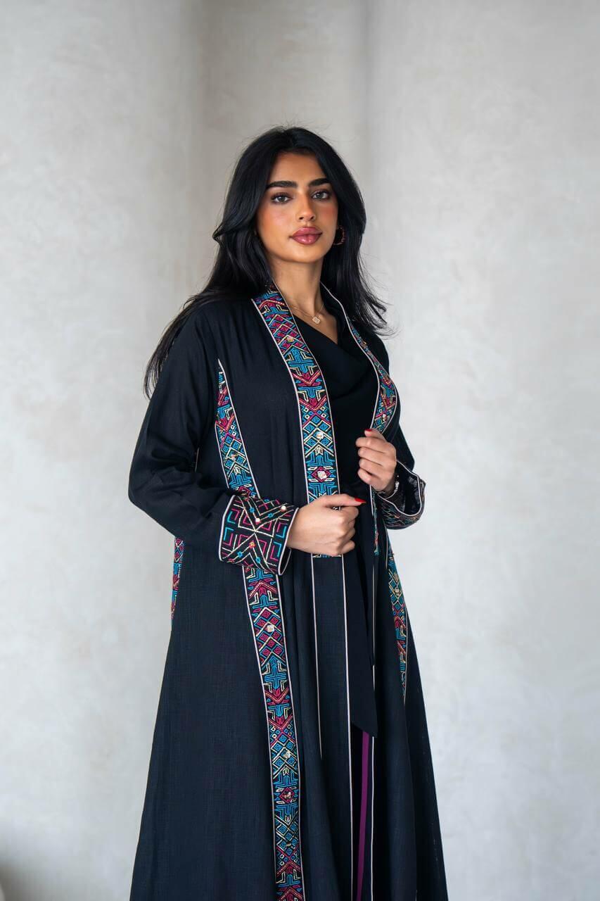 Black linen abaya with colorful hand embroidery